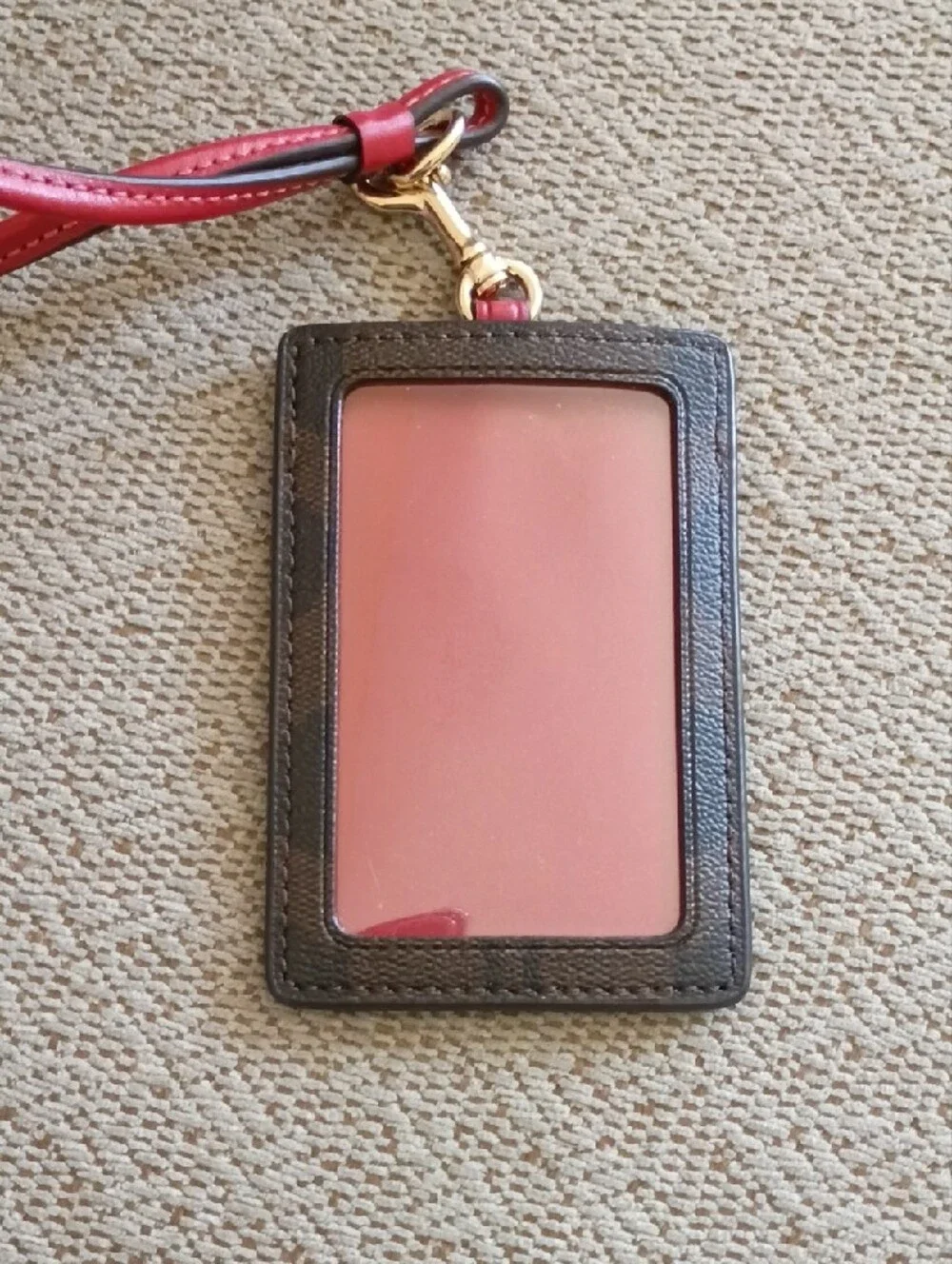 Coach Brown Signature Card Holder with Red Leather Lanyard
